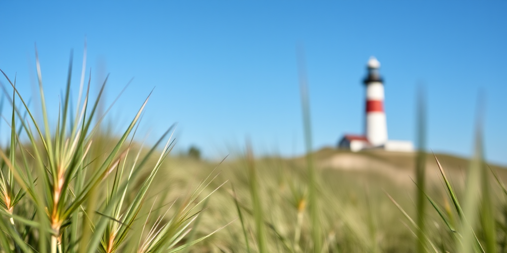 Lighthouse on a grassy dune under a clear blue sky, focus on foreground grass with a blurred lighthouse in the background, taken with a Canon EOS 5D Mark IV, 50mm lens, f/8 aperture, ISO 100, 1/250 sec shutter speed, natural light, landscape view.