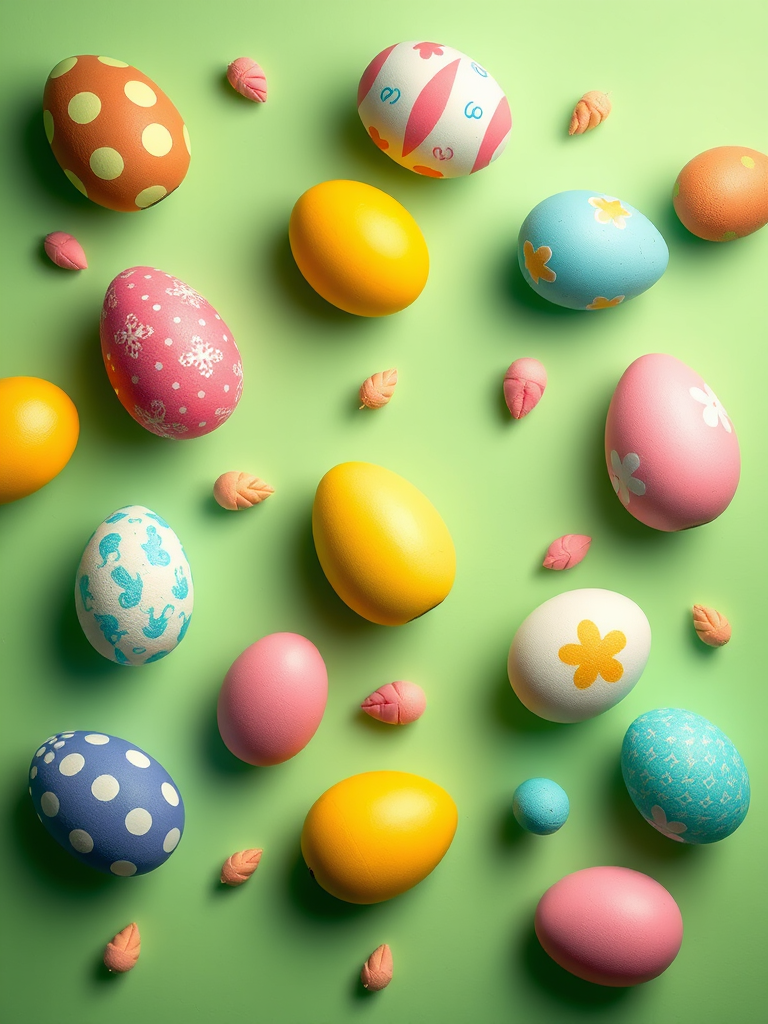 Create a vibrant and playful Easter egg pattern on a pastel green background, featuring a variety of decorated eggs in different colors and designs, captured with a DSLR camera at f/5.6, ISO 200, and 50mm lens, top-down view, flat lay style for optimal clarity and detail.
