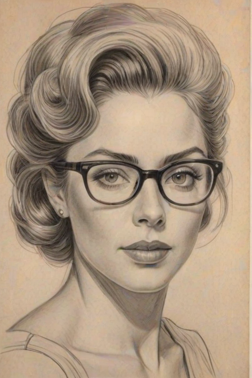 Attractive Christina Moore, pencil sketch, portrait of Resplendent woman 1942s in glasses, hair style beatnik, outline, clear lines, fine lines, 8k