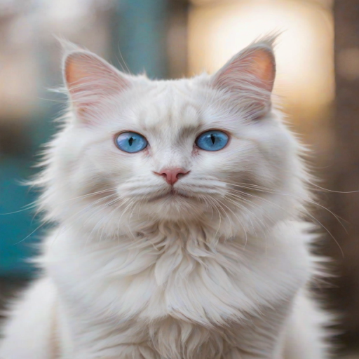 a fluffy white cat with blue eyes looking up curiously, soft focus background
