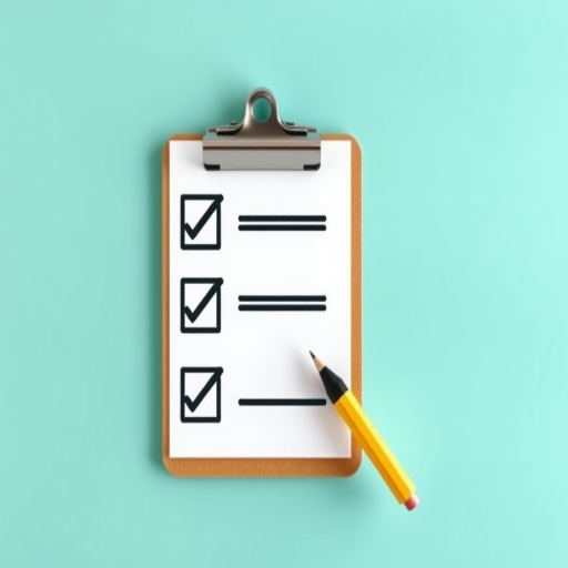 Create a high-resolution icon of a checklist with three checkmarks and a pencil, using a soft teal background, shot with a DSLR camera at f/2.8 aperture, 50mm focal length, and natural lighting to enhance colors and details.
