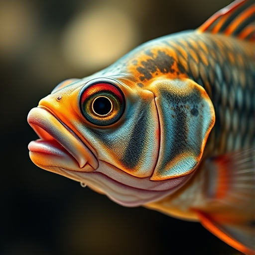 Create a high-resolution illustration of a fish with intricate details, using a macro lens at f/2.8 for shallow depth of field, with a side view composition, captured in natural light with a DSLR camera.