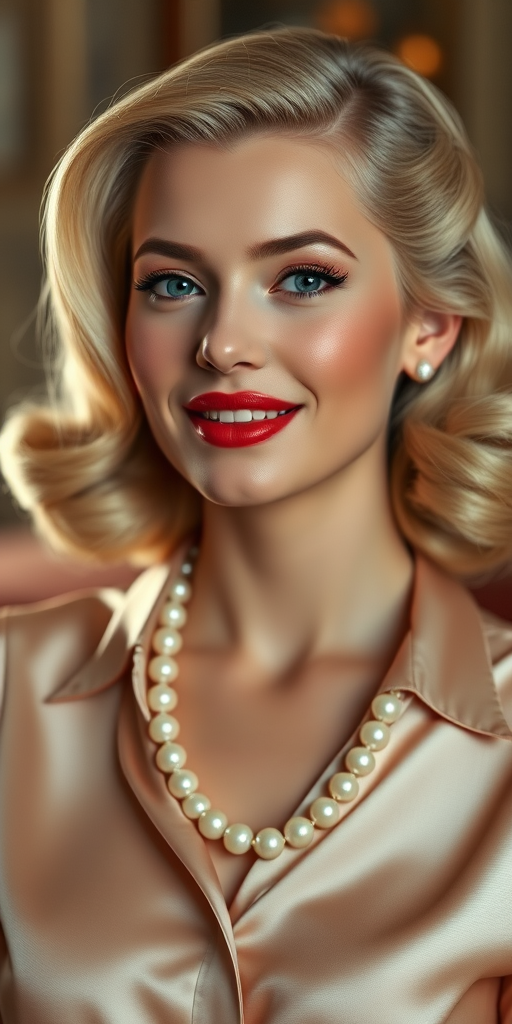 A beautiful Eurasian woman reminiscent of 1950s Hollywood glamour, with perfectly styled blonde hair and a seductive smile, dressed in a satin blouse and adorned with pearls, soft and warm tones, photorealistic, 8K