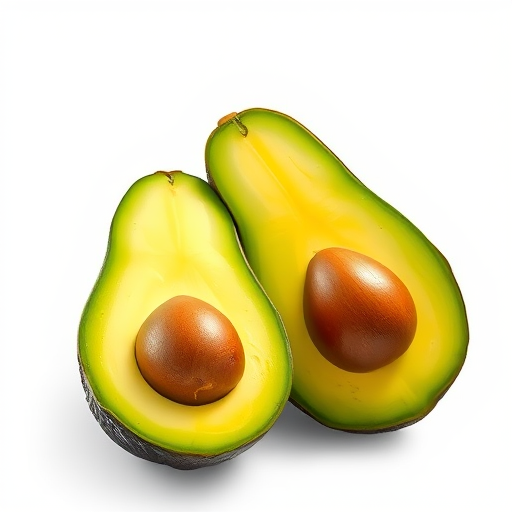 Create a highly detailed digital illustration of a ripe avocado, showing both the whole fruit and a halved version with a shiny pit, captured with a Canon EOS R5 camera at f/8 aperture, ISO 100, 50mm lens, natural light to enhance colors and textures.