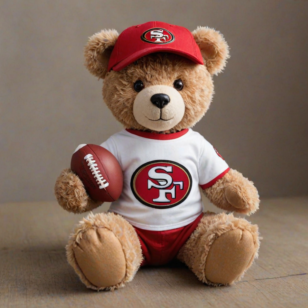 A cute and fluffy teddy bear dressed in a San Francisco 49ers-themed outfit, wearing a red cap with the 49ers logo, aviator sunglasses, and a white football jersey with red accents. The bear is also wearing casual jeans and red and white sneakers, while sitting in a relaxed pose with a football beside it. The teddy bear has a cool, laid-back attitude, with a sporty vibe. The background is clean and minimal, highlighting the bear as the main focus.