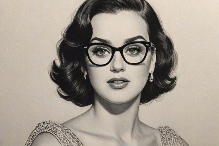 Bewitching Katy Perry, pencil sketch, portrait of Beauteous woman 1941s in glasses, hair style beatnik, outline, clear lines, fine lines, 8k