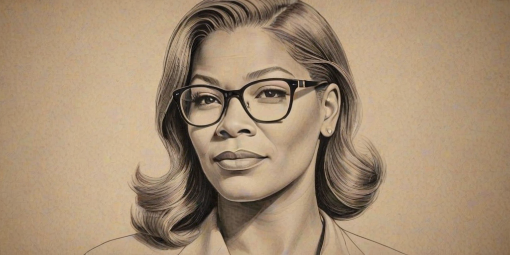 Fetching Queen Latifah, pencil sketch, portrait of Beauteous woman 1947s in glasses, hair style beatnik, outline, clear lines, fine lines, 8k