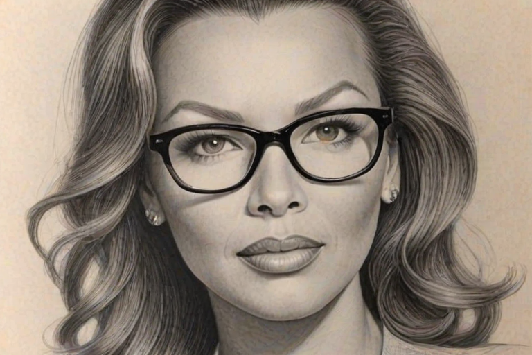 Attractive Vanessa Williams, pencil sketch, portrait of Fascinating woman 1946s in glasses, hair style beatnik, outline, clear lines, fine lines, 8k
