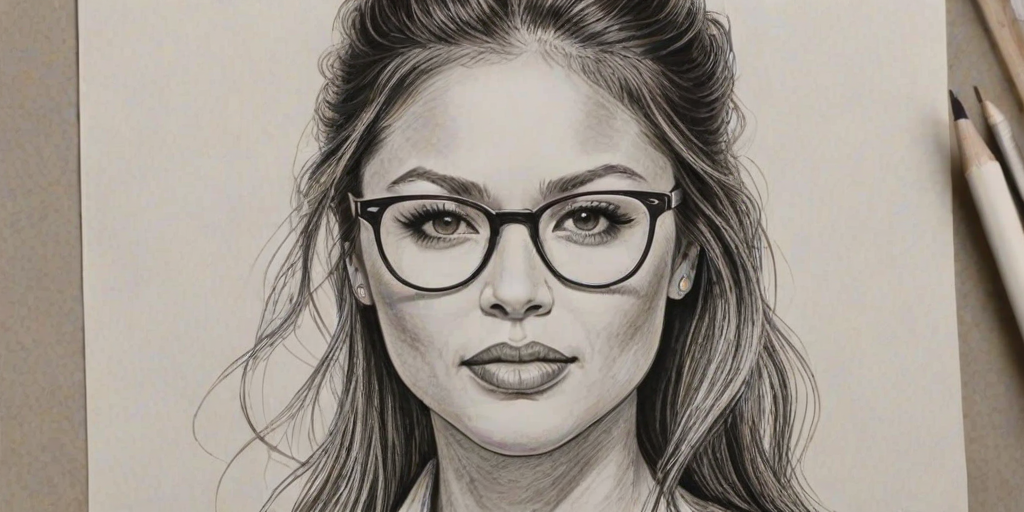 Graceful Vanessa Lachey, pencil sketch, portrait of Bewitching woman 1921s in glasses, hair style beatnik, outline, clear lines, fine lines, 8k