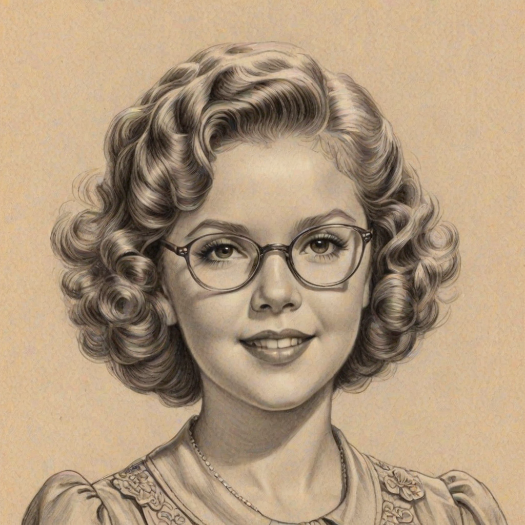 Ravishing Shirley Temple, pencil sketch, portrait of Appealing woman 1939s in glasses, hair style beatnik, outline, clear lines, fine lines, 8k