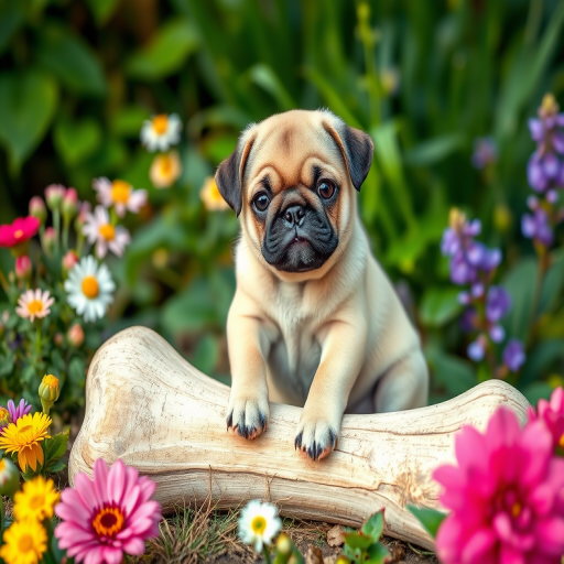 A cute pug puppy sitting on a large bone surrounded by flowers and greenery, soft watercolor style, 50mm lens, f/2.8 aperture, ISO 200, natural lighting, shot from a slightly elevated angle, high-resolution image quality.
