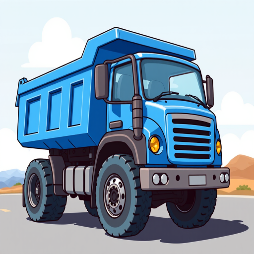 Generate a high-resolution cartoon-style illustration of a blue dump truck, captured using a DSLR camera with a 50mm lens at f/2.8, ISO 100, and in a bright outdoor setting to enhance colors and details.