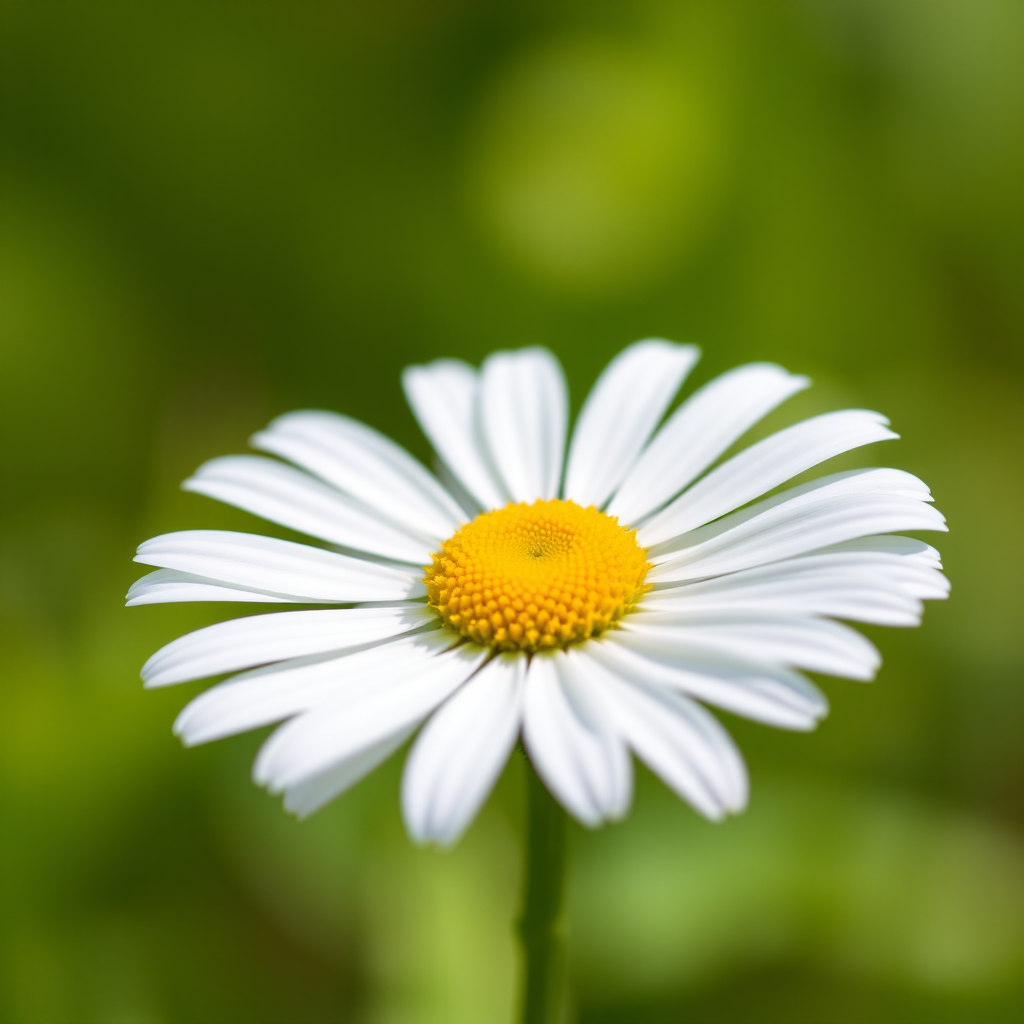 capture a close-up of a single white daisy with a vibrant yellow center against a softly blurred green background, aperture f/2.8, shutter speed 1/200 sec, ISO 100, natural light, DSLR camera, shallow depth of field