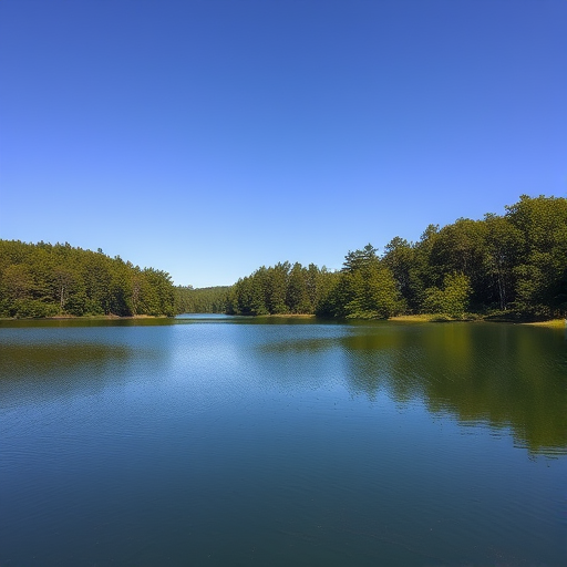 Create a high-resolution image of a serene natural landscape featuring a calm lake surrounded by lush green trees under a clear blue sky, using a DSLR camera with a 50mm lens, aperture set to f/5.6, ISO 100, shutter speed 1/125 seconds, with a wide-angle view for depth and vibrant colors.