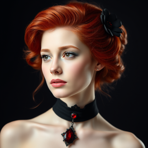 A young woman with bright red hair styled in a voluminous updo adorned with black floral accents, wearing a black choker with a large red gemstone pendant, looks off to the side with a slightly pensive expression, her face softly lit against a dark background.  The image is composed as a portrait, shot from a close-up perspective, with the subject filling most of the frame.  The woman's skin appears fair and flawless, with a subtle glow.  The overall atmosphere is elegant and slightly dramatic.