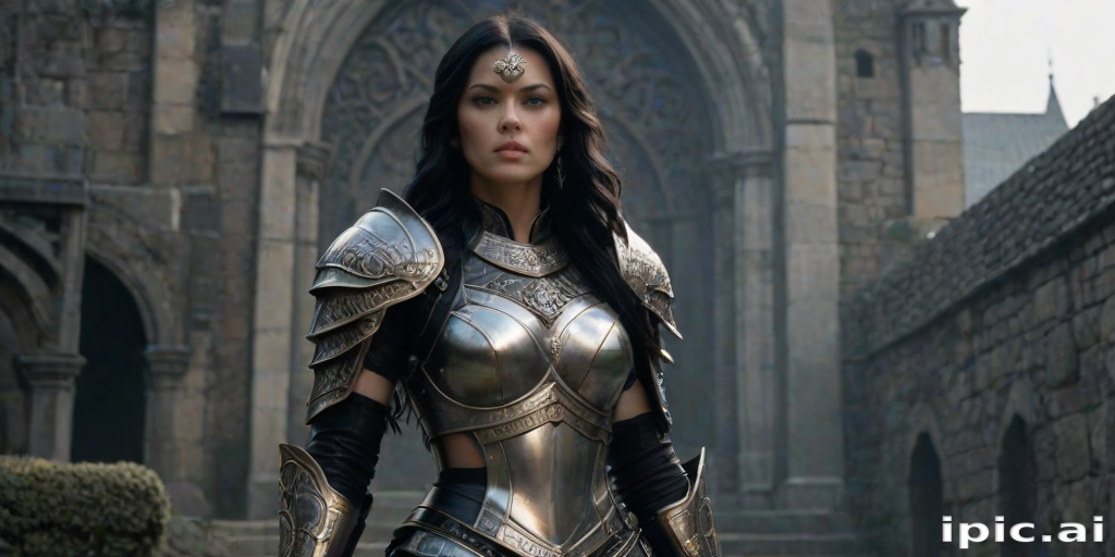 Create a photo of a fierce female warrior with long black hair, wearing an ornate, metallic armor. The armor includes a breastplate with intricate designs, shoulder guards, and gauntlets. The breastplate is decorated with a central emblem, possibly representing a mythical symbol, and has a sculpted, form-fitting design. She wears a belt with a large skull ornament at the center, and her armor extends into a partial skirt, revealing one leg. The overall look is both protective and stylish, with a dark, gothic aesthetic. The background is dimly lit, suggesting a medieval or fantasy setting, enhancing the warrior's imposing presence and intense expression.