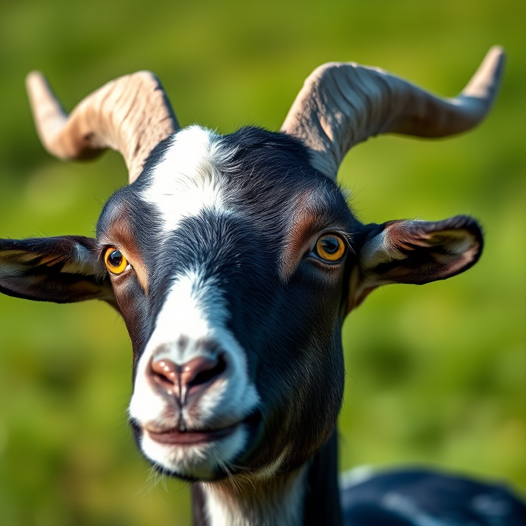 Capture a close-up of a black and white goat with prominent horns against a blurred green background, using a Canon EOS 5D Mark IV, lens aperture set to f/2.8 for shallow depth of field, ISO 200, shutter speed 1/200s, in natural light for enhanced clarity and contrast.