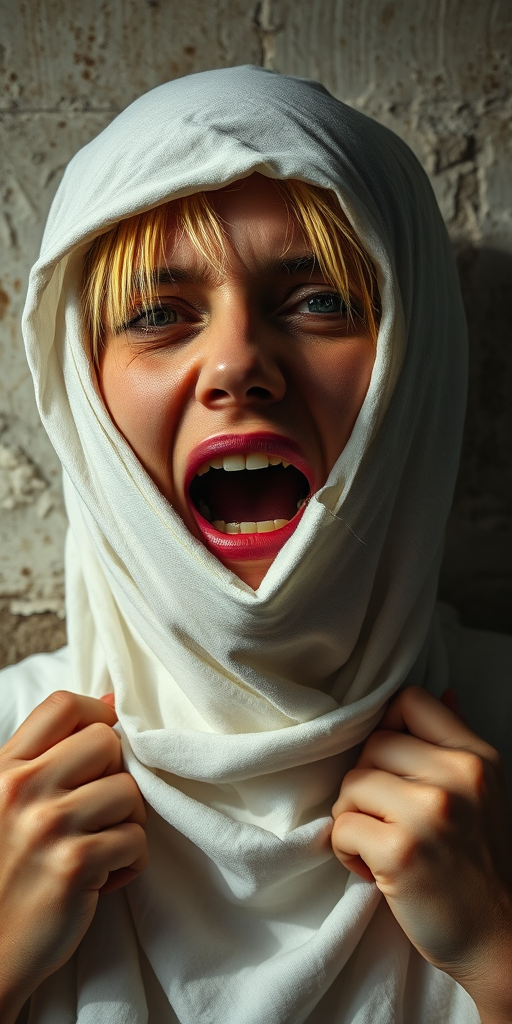 Create a close-up photographic image of a Romani woman with light skin tones shown against an old, worn wall. Their head is wrapped in a white cloth covering (i.e.... parts of the head except the nose and mouth, which are open as if they are screaming...), with a slight texture and visible folds in the fabric. Thin strands of blonde hair escape from the wrapping above, falling lightly at the top and sides. Their hands hold the fabric as if they are tugging nervously. The lighting is dramatic and even, casting strong shadows. The image has a minimalist and surreal style with an emphasis on simplicity with soft color tones. The composition is centered.
