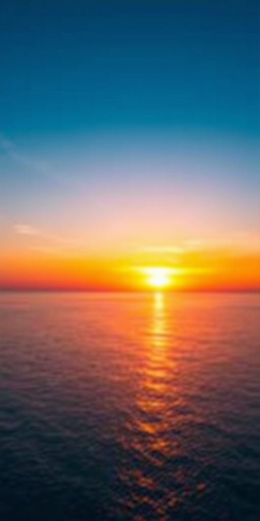 Regenerate the image of a vibrant sunset over a calm ocean, using a DSLR camera, 50mm lens, aperture f/1.8, ISO 200, shutter speed 1/250s, with a wide-angle view and vibrant color enhancement.