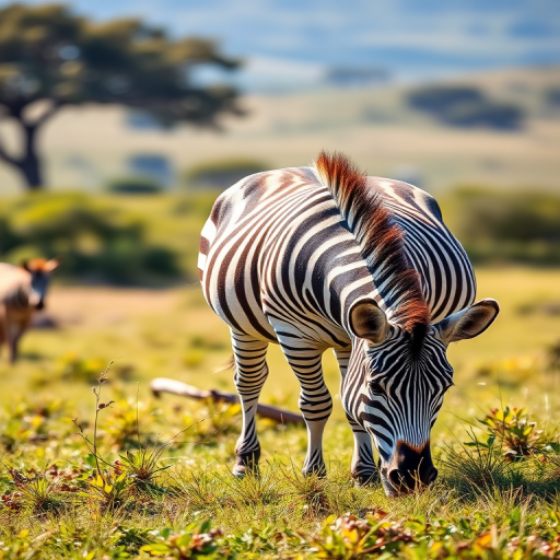 Create a high-resolution digital illustration of a zebra grazing in a lush green savanna, using a DSLR camera with a 50mm lens, f/1.8 aperture, ISO 100, natural sunlight, and a shallow depth of field for a soft background focus.