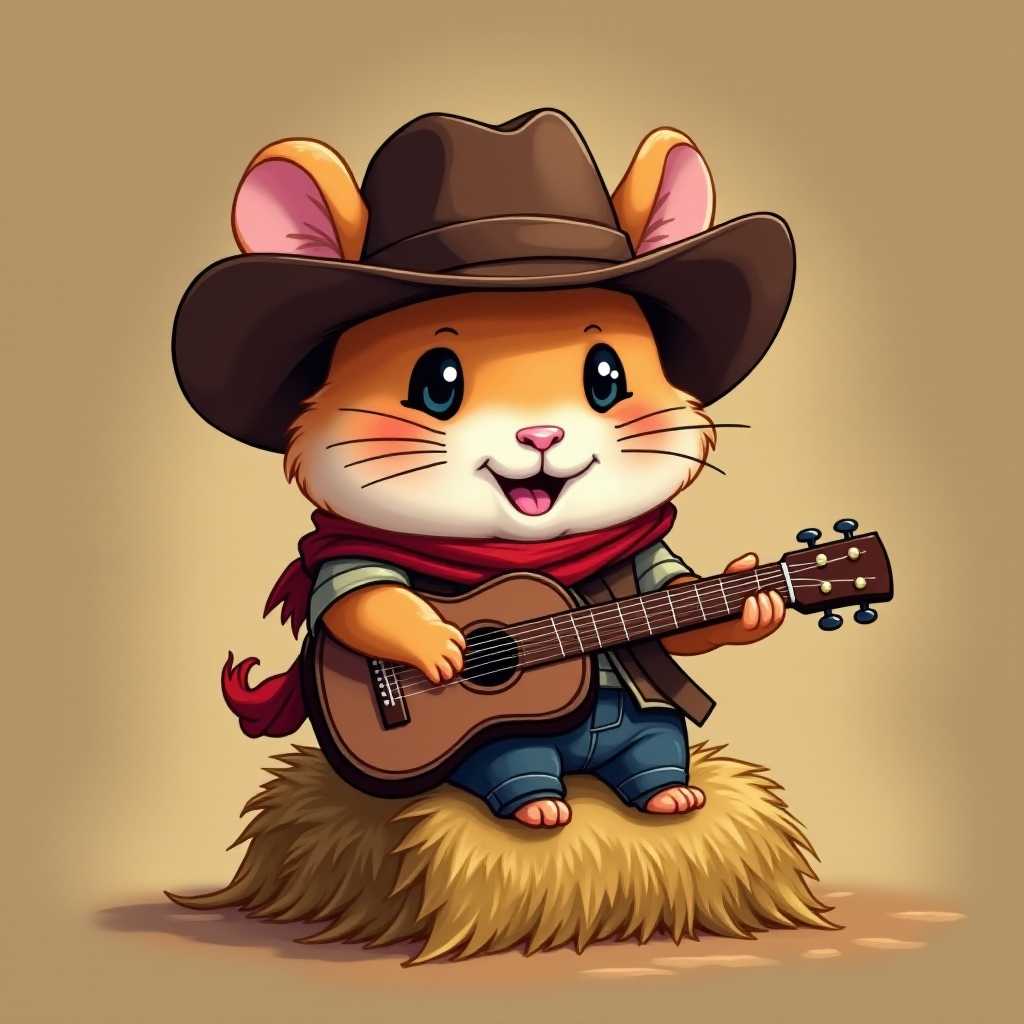 A chibi hamster, dressed as a cowboy, playing guitar, sitting on a hay bale