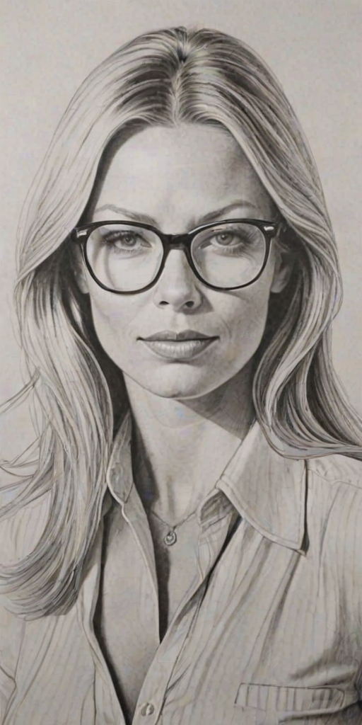 Lovely Peta Wilson, pencil sketch, portrait of Elegant woman 1974s in glasses, hair style beatnik, outline, clear lines, fine lines, 8k
