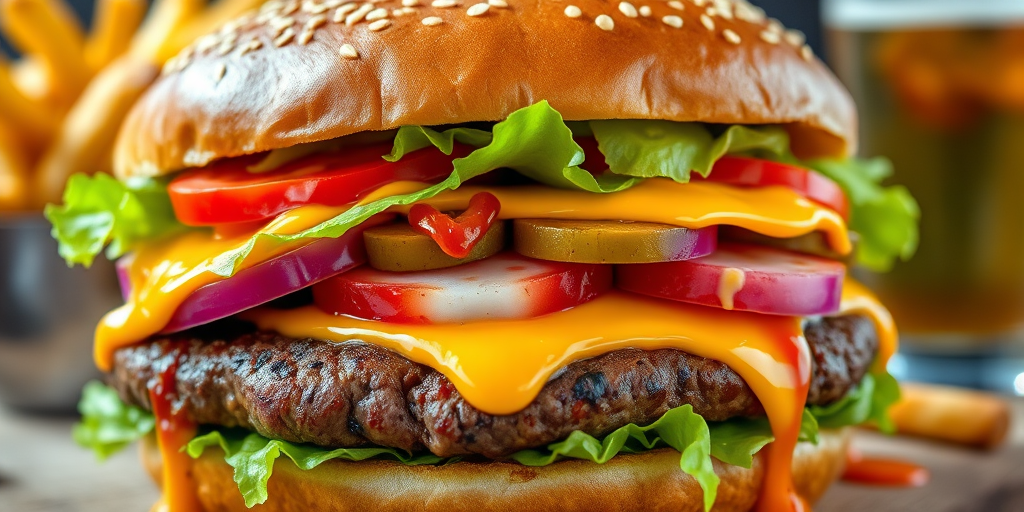 High-resolution, close-up image of a gourmet double cheeseburger. The burger features a glossy, sesame-seed-topped brioche bun. Inside, there are two thick, juicy beef patties, each topped with melted cheddar cheese. The burger is garnished with fresh lettuce, tomato slices, diced onions, and pickles. A generous amount of ketchup and a creamy, orange-colored sauce is dripping down the sides, adding to the mouth-watering appeal. In the background, there are blurred elements including a side of golden French fries and a hint of a beverage, enhancing the overall presentation of a delicious meal.