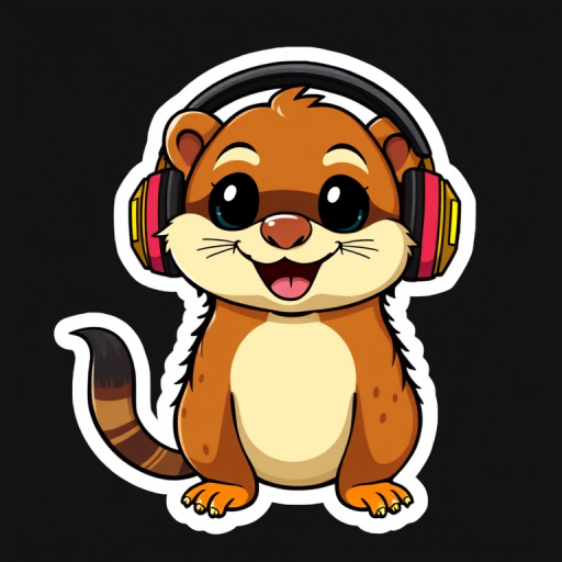 this photo is sticker, Happy Colorful Mongoose wearing Headphones, kawaii, contour, vector, black background