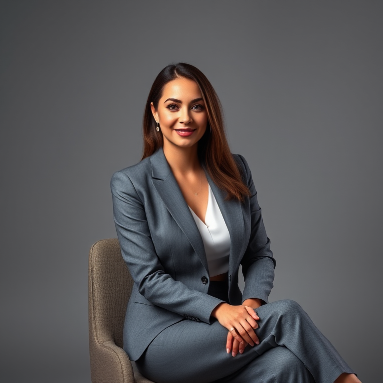 Generate an image of a woman in a sleek gray business suit sitting on a chair with a confident expression, using a Canon EOS 5D Mark IV with a 50mm lens at f/1.8, 1/200s shutter speed, in soft studio lighting for enhanced detail and clarity.