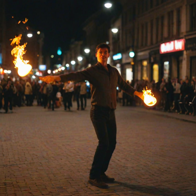 Blurry candid shot of a street performer juggling fire in a city square at night, soft golden light from nearby streetlamps casting long shadows, with distant onlookers cheering and colorful neon signs barely visible.
