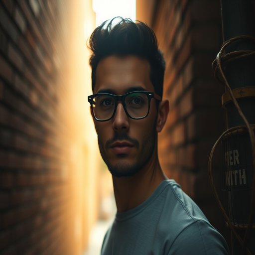 portrait of a man with glasses standing in a narrow brick alley, dramatic lighting, focused depth of field, 50mm lens, f/1.8 aperture, ISO 200, shot with a full-frame DSLR camera in a cinematic style