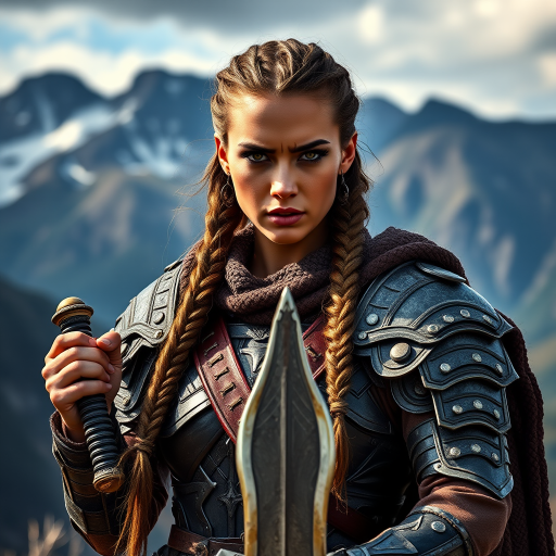Regenerate a fierce warrior woman with long braided hair wearing a detailed armor and holding a sword, set against a dramatic mountainous landscape, shot with a Canon EOS R5 at 50mm f/1.2, aperture priority mode, natural light, vibrant colors, high dynamic range.