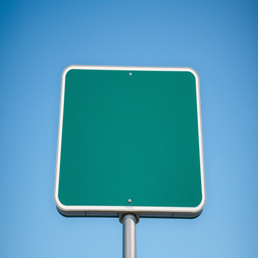 Create a high-resolution image of a blank green road sign on a silver pole against a clear blue sky, using a DSLR camera with a 50mm lens, aperture f/8, ISO 100, shutter speed 1/200s, capturing a straight-on view for maximum detail and clarity.