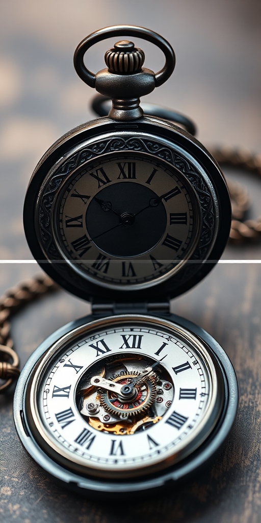 Create an image of an antique black pocket watch with intricate engravings, showing both the closed and open views, focus on the detailed clock face and mechanical inner workings, use a DSLR camera with a 50mm lens, aperture at f/2.8 for shallow depth of field, ISO 100, and soft natural lighting for enhanced clarity and texture.