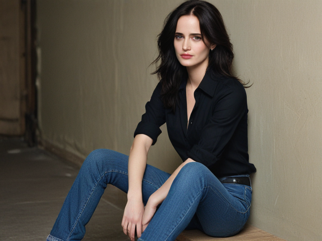 Ai Image Generator - Ai Art Generator - High Quality and 100% Unique Images  - iPic.Ai eva green in dark shirt and jeans and sitting