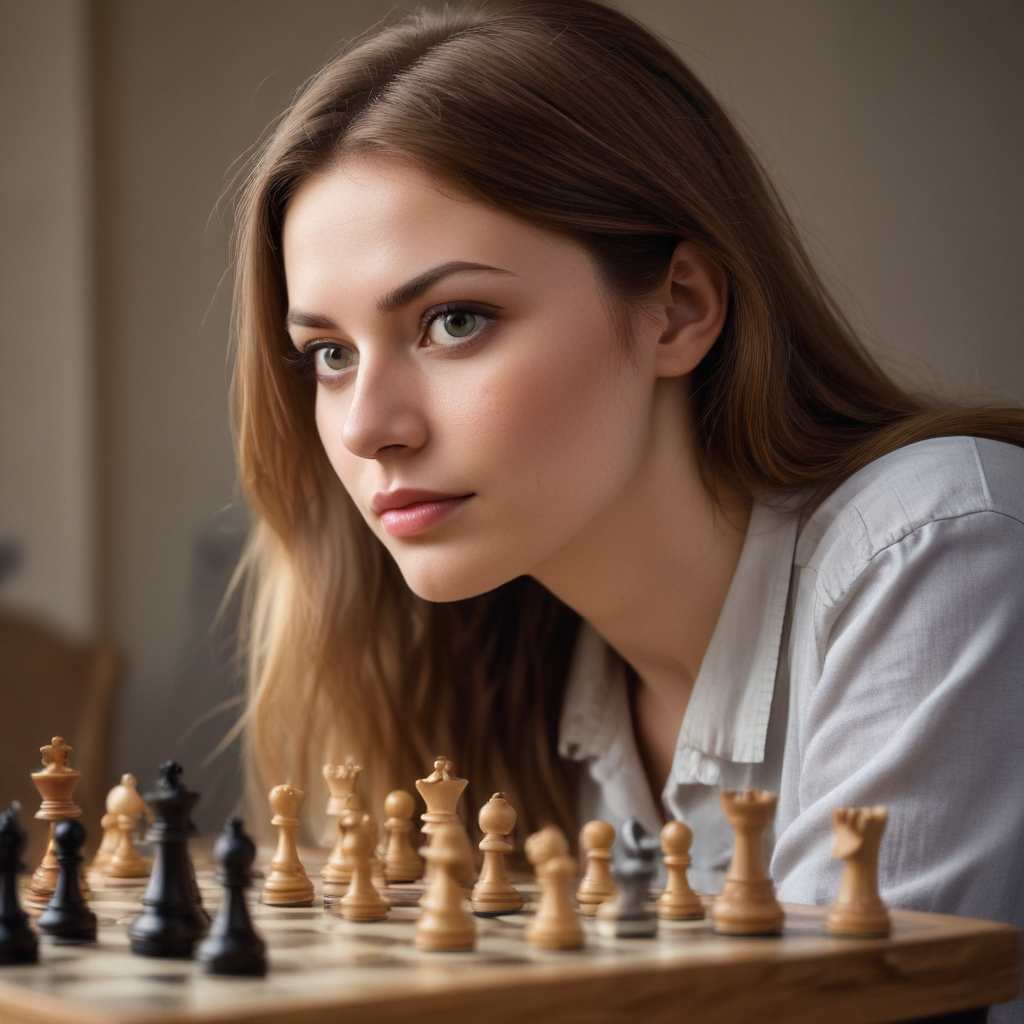 woman plaing chess, looking directly at the spectator