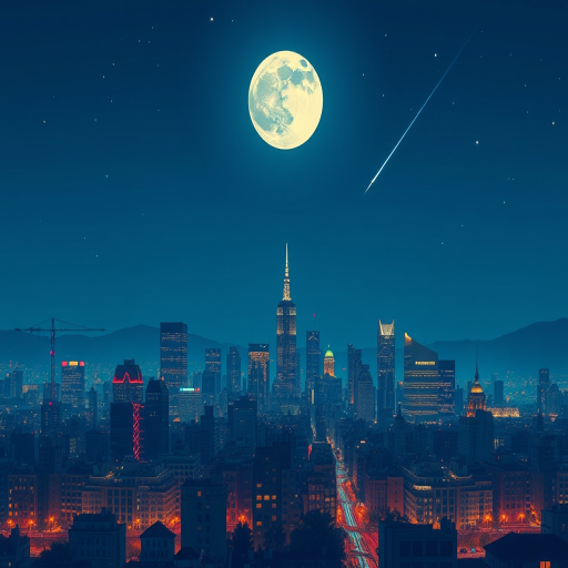 Generate a high-resolution digital illustration of a city skyline at night with a bright moon and a shooting star, using a DSLR camera settings of f/8 aperture, ISO 400, shutter speed 1/60 sec, capturing a wide-angle view with a soft focus effect to enhance the nighttime ambiance.