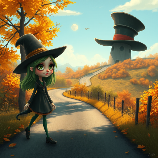 digital art fantasy depicting a strange girl with green hair, long eyelashes, orange lipstick and a tall hat walking along a winding road on an autumn afternoon, an Eel smiles as she passes