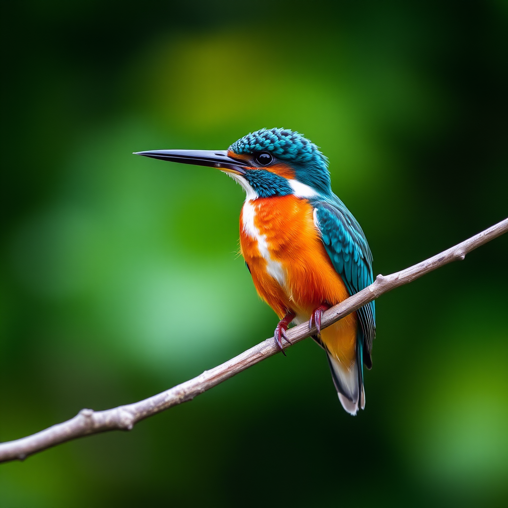 A vibrant kingfisher perched on a branch with a blurred green background, captured with a Canon EOS R5, 85mm lens, aperture f/2.8, ISO 200, shutter speed 1/250s, in soft focus style for enhanced detail and clarity.