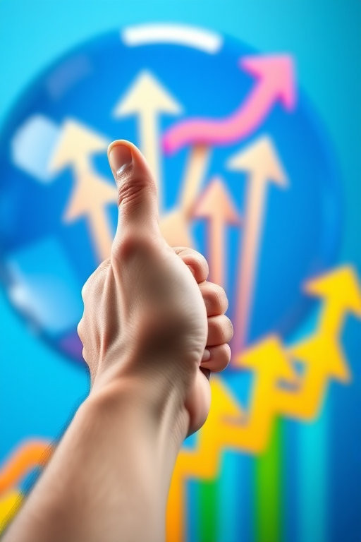 Create a vibrant business growth image featuring a large blue sphere with upward arrows inside, a close-up of a hand giving a thumbs up in the foreground, colorful arrow graphics in the background, taken with a DSLR camera at f/2.8 aperture, ISO 100, 50mm lens, shot in portrait mode for a blurred background effect.