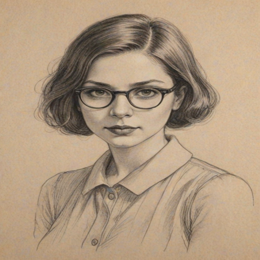 Comely Michele Trachtenberg, pencil sketch, portrait of Exquisite woman 1924s in glasses, hair style beatnik, outline, clear lines, fine lines, 8k