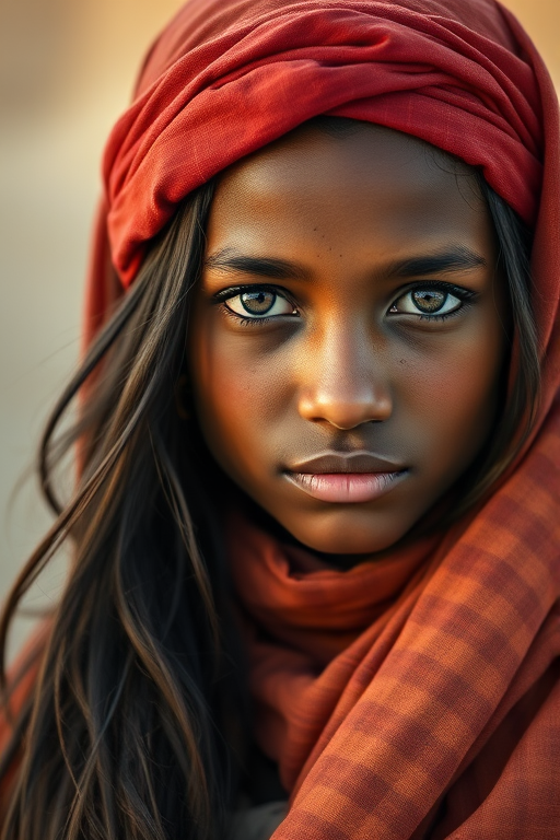 Create a portrait of a young Tuareg male with long, dark hair and captivating hazel eyes. She is wearing a red headscarf and a matching scarf draped gracefully around her neck. The background is softly blurred, focusing attention on her serene and natural expression. The overall color palette is muted and warm, enhancing the intimate and authentic feel of the portrait.