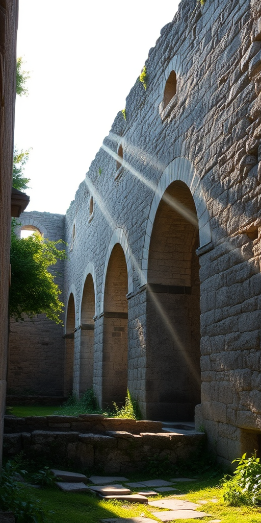 regenerate the image of ancient ruins with a focus on the arches, soft afternoon sunlight streaming through, shot with a DSLR camera at f/8 aperture, ISO 100, 24mm lens, in landscape orientation to enhance details and textures of the stone walls and surrounding greenery