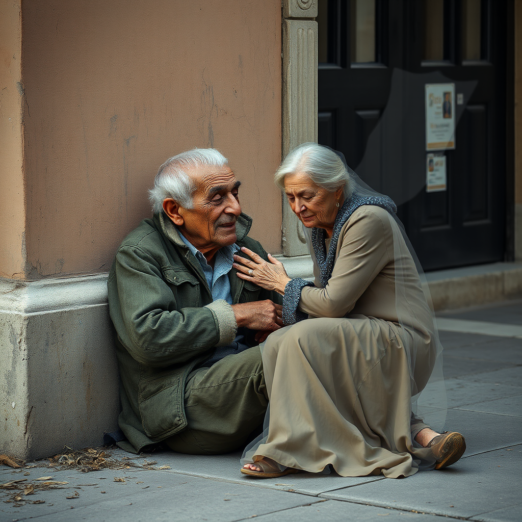 beautifully weathered old homeless veteran sitting on the ground slumping against the wall of a building with his eyes closed. there is an Ethereal, translucent figure of a beautiful elderly woman comforting him