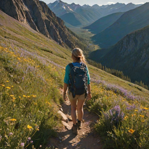 Sunlit mountain valley, with wildflowers blooming in the foreground, a woman hikes along a narrow trail, her backpack slung over her shoulder as she takes in the breathtaking view.