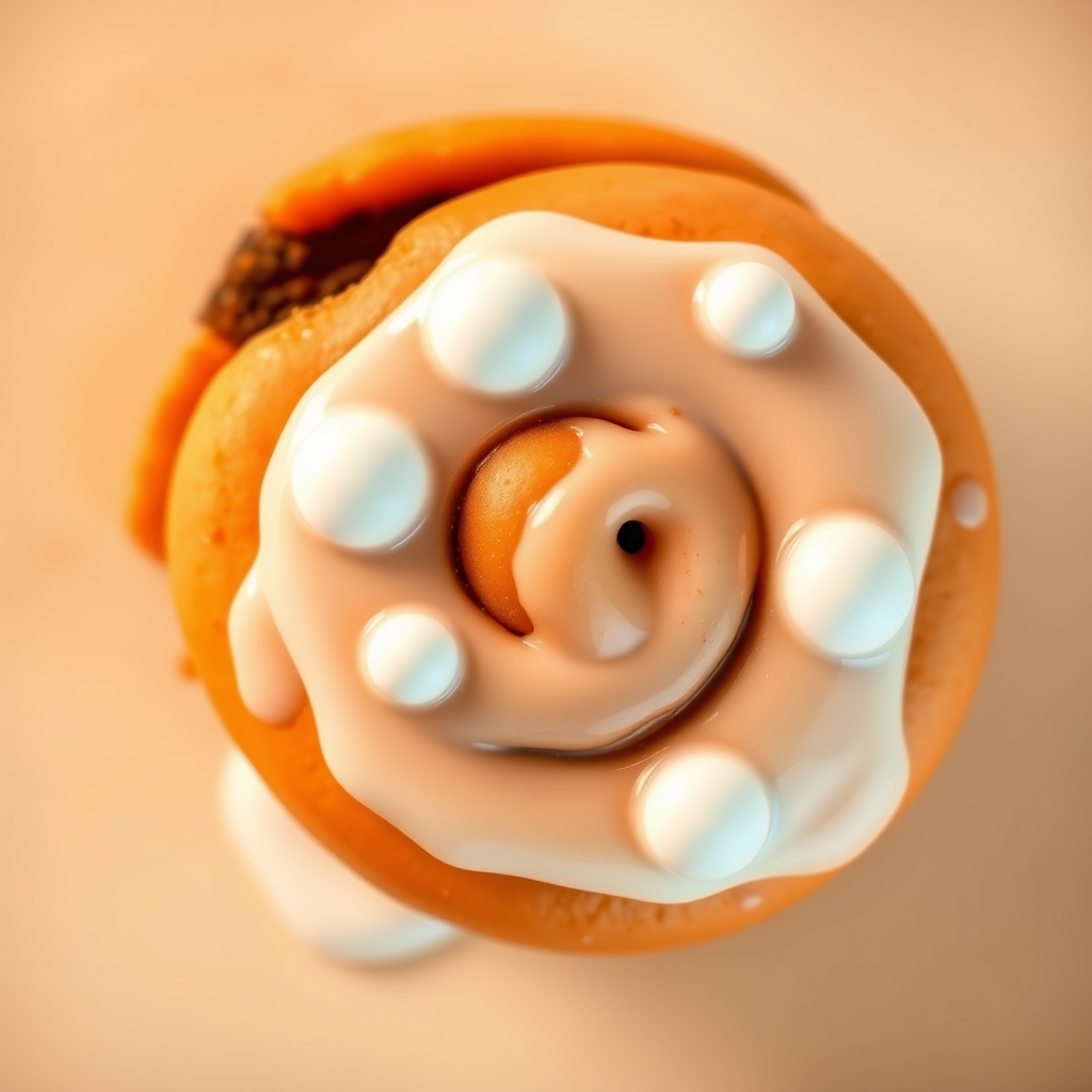 Create a high-resolution illustration of an orange cinnamon roll with white icing dots on top, using a soft focus lens, overhead view, f/2.8 aperture, ISO 100, with vibrant colors and smooth gradients for a visually appealing effect.