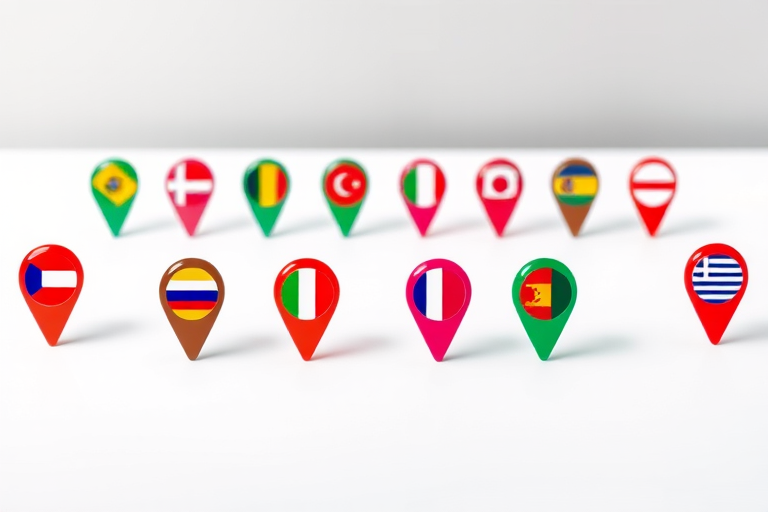 Create a high-resolution image of colorful location markers with country flags inside them arranged in two rows of seven markers each on a clean white background, using a DSLR camera with a focal length of 50mm, aperture set to f/2.8, ISO 100, soft natural lighting, and a slightly blurred background for focus enhancement.