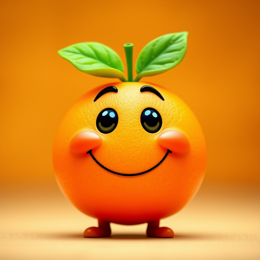 Generate a vibrant illustration of a smiling orange character with two green leaves on top, using a Canon EOS 5D Mark IV camera, 50mm lens, f/2.8 aperture, ISO 100, 1/200 sec shutter speed, front view, soft focus background for enhanced clarity and color.