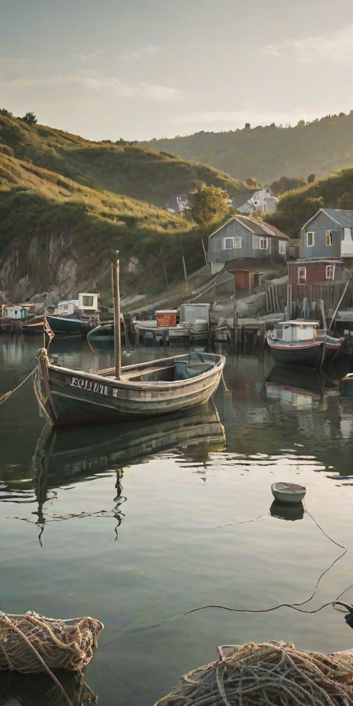 Rustic fishing boat bobbing in a quiet harbor, with nets and gear scattered around, evoking a sense of tranquility and the beauty of simple living.