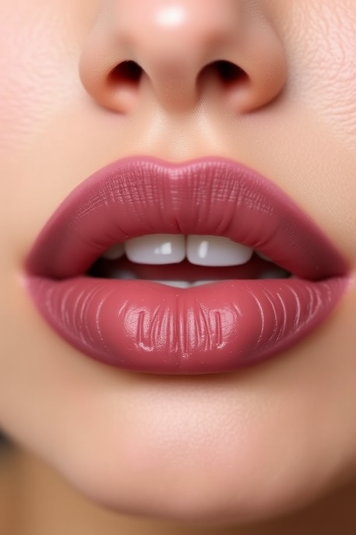 Velvety mauve lips with a satin finish, known as "Dusty Romance," provide a natural-looking color with a smooth, creamy texture for everyday wear